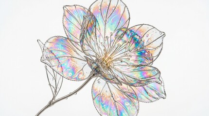 Fototapeta premium Iridescent wire flower sculpture featuring thin metallic petals with rainbow soap film textures captured in bright macro photography artistic detail