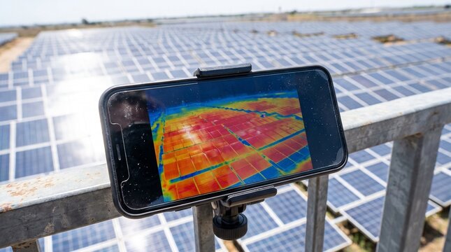 Conceptual image of a smartphone displaying a textless thermal map of a solar farm
