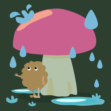 Whimsical vector illustration of a tiny cute character sheltering from raindrops under a giant pink mushroom.