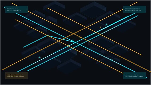 Aerial city map with navigation lines, intersections and running digital numbers, futuristic navigation system