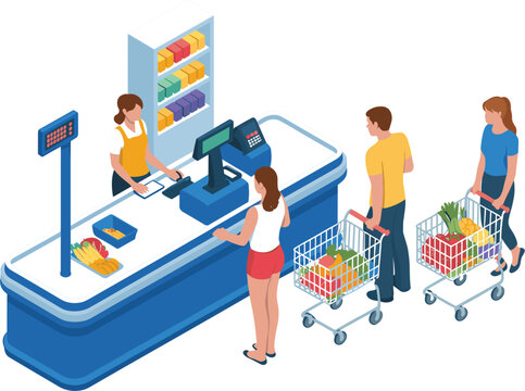 Isometric supermarket checkout counter vector illustration, customers buying grocery food products with shopping cart queue