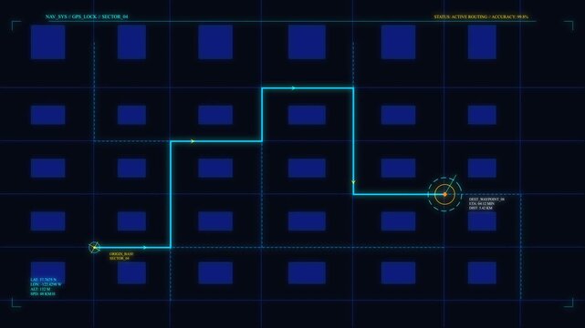 Futuristic city map navigation route line, digital GPS technology, city grid transportation, top view, animation