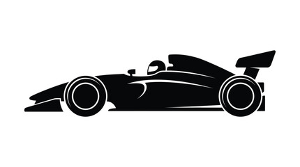 Fototapeta premium Black silhouette of a speeding racing car on a white background with wheels and spoiler visible clearly