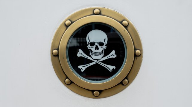 Nautical brass porthole with pirate skull symbol isolated on white background.