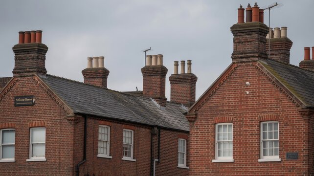 Traditional red brick terrace houses with multiple chimney stacks under a cloudy sky.