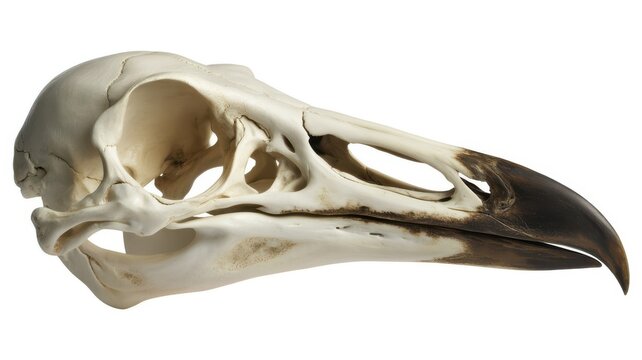 Side profile of a bird skull isolated on white background.