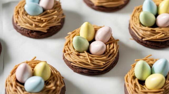 Easter nest cookies with chocolate base and pastel candy eggs