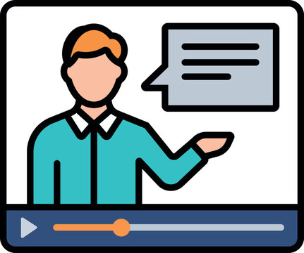 Colorful illustration of an online video presentation screen featuring a speaker, speech bubble and media controls for e-learning, webinar, tutorial and digital communication concepts