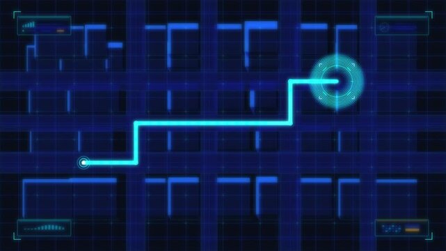 Futuristic 3D city map animation with GPS navigator line showing destination and transportation routes
