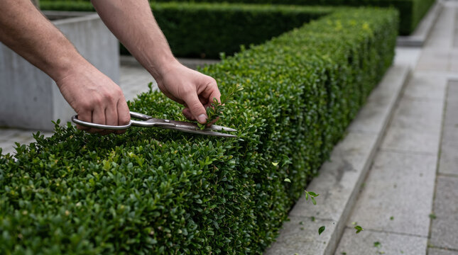 Hands using heavy duty hedge shears to trim and shape a green boxwood hedge. Topiary, hedge trimming, and landscape maintenance.