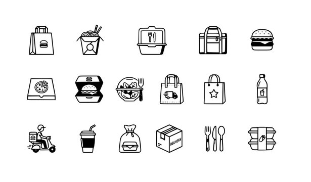 delivery, food, takeaway, icon, set, bag, burger, scooter, package, box, order, restaurant, service, drink, cup, courier, fast, meal, cutlery, line, outline, symbol, sign, app, online, shipping, colle