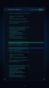 Coding programming technology concept with scrolling program code text on a dark grid and particle background