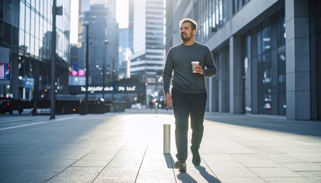 Endomorph man walking in city street with coffee cup during morning commute
