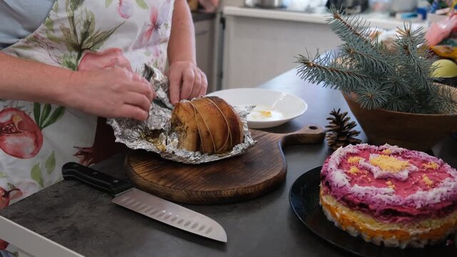 Baked pork belly. Preparing for the holiday. Christmas.