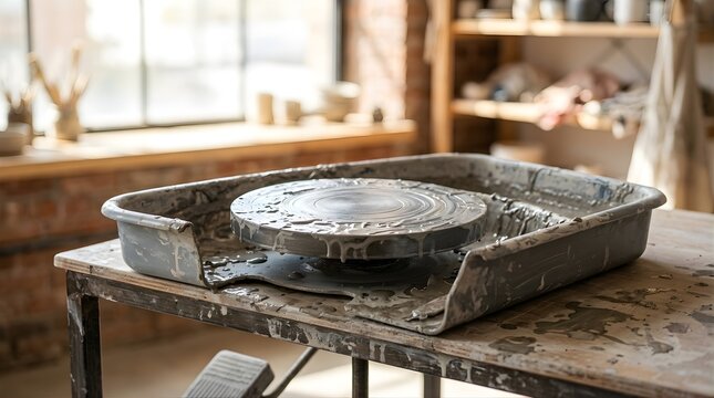 Empty pottery wheel in a sunlit craft workshop studio for clay art