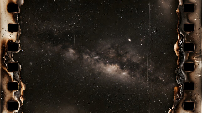 Vintage film strip frame showcasing a textured grainy night sky with distant starry galaxies and burnt edges.