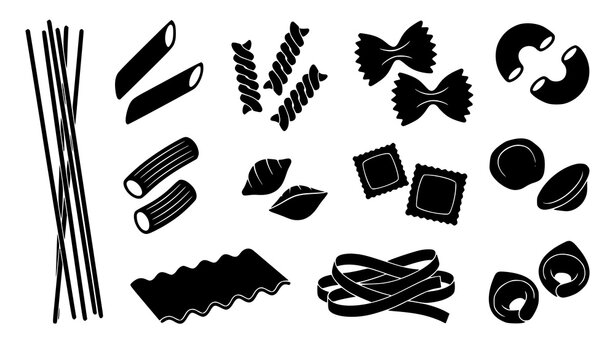 Assorted Italian pasta shape silhouette collection featuring spaghetti penne fusilli ravioli shells and farfalle for culinary vector designs
