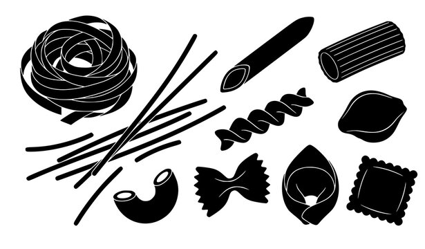 Premium pasta silhouette collection with tagliatelle spaghetti penne fusilli farfalle ravioli tortellini and Italian culinary shapes
