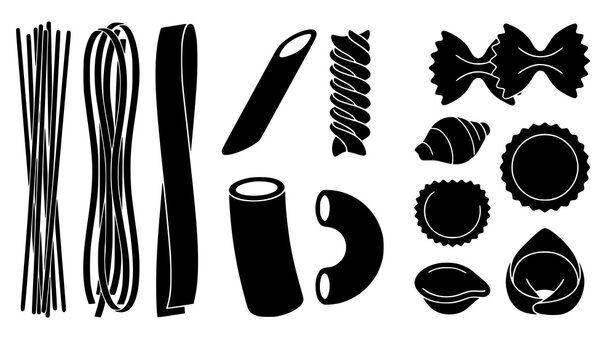 Minimal Italian pasta silhouette icon set with spaghetti penne fusilli rigatoni ravioli shells and traditional noodle shapes