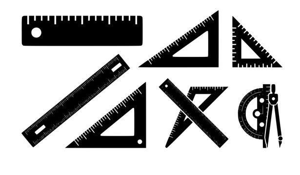 Geometry ruler and drafting triangle silhouette icons with measuring tools for mathematics education architecture engineering and stationery