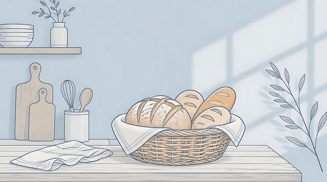 Hand drawn illustration of fresh bread loaves in a wicker basket on a kitchen counter.