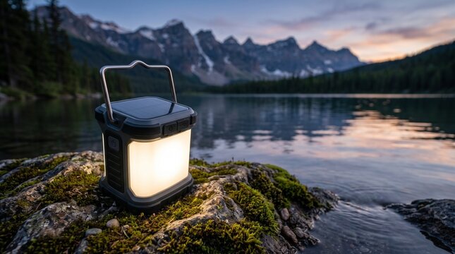 Portable camping lantern on mossy rock by mountain lake. Glowing outdoor lamp at twilight. Adventure gear for hiking and wilderness travel.