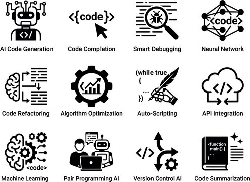 AI Code Generation Icons Set - Programming, Debugging and Machine Learning Glyph Icon Collection