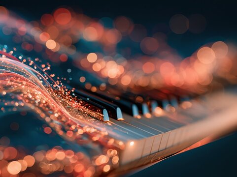 Abstract piano keys with flowing light trails and bokeh effects