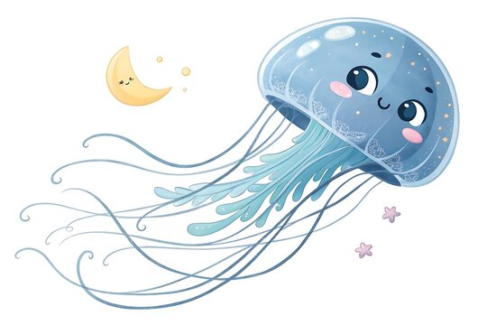 Cute cartoon jellyfish floating in water with moon
