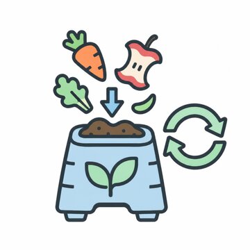 Vegetable peels and apple core falling into a compost bin with recycling arrows, home composting and organic waste concept