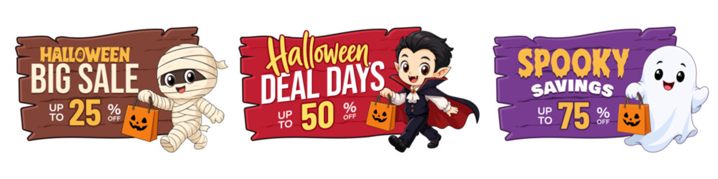 Halloween Big Sale Deal Days Spooky Savings Banners with 25 50 and 75 Percent Off, Cute Mummy Vampire Ghost Characters, Seasonal Discount Promotion Design