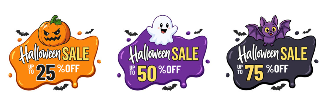 Cute Halloween sale badge collection featuring 25%, 50%, and 75% discounts with pumpkins, ghosts, and bats. Perfect for seasonal promotions, ecommerce, retail, flyers, posters, and social media market
