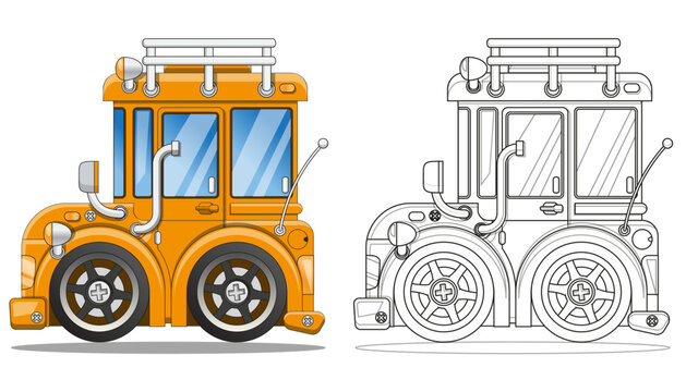 Funny short yellow bus. Side view. Coloring. Isolated on white background. Vector illustration. 