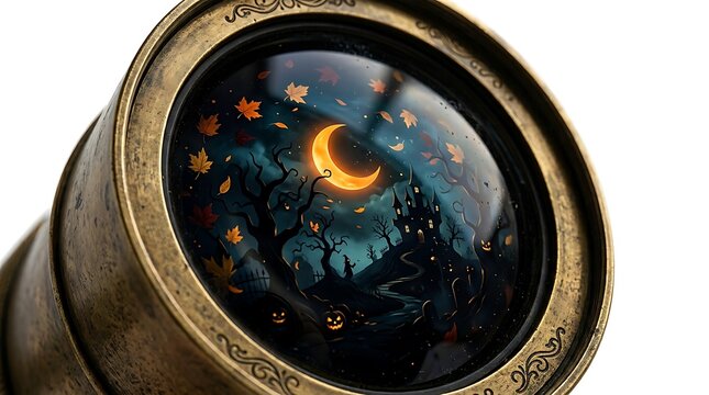 Vintage brass telescope lens showing a spooky halloween night scene