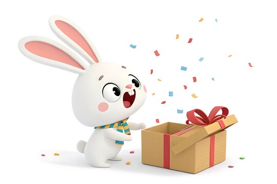 Cartoon rabbit celebrating with gift box and confetti