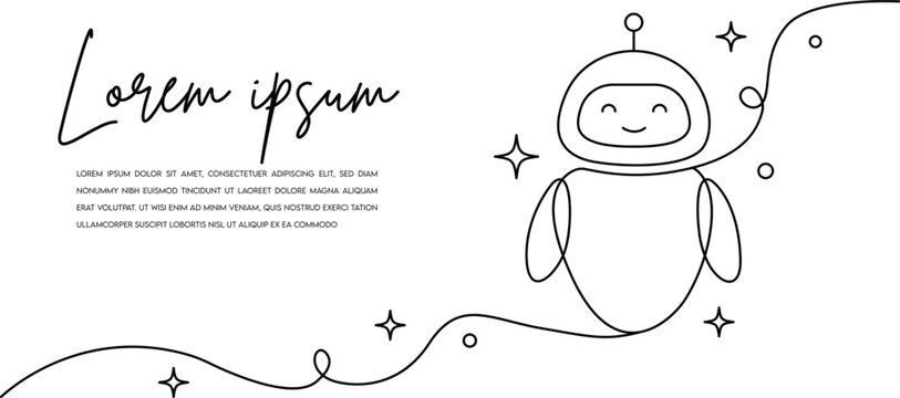 Continuous line drawing of cute smiling AI chatbot robot character vector illustration artificial intelligence assistance banner template