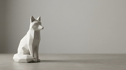 Fototapeta premium White fox geometric sculpture low poly minimalist modern decor copy space 3d render studio lighting gray background, white low poly fox sculpture neutral table with gray background, modern