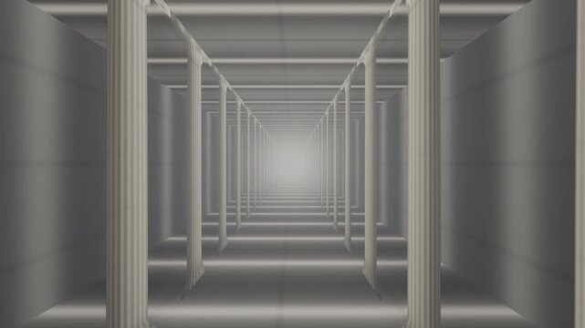 Endless Fluted Stone Colonnade With Light Shafts Between the Pillars, Zoom In Moving Forward, Seamless Loop in cool ivory tones