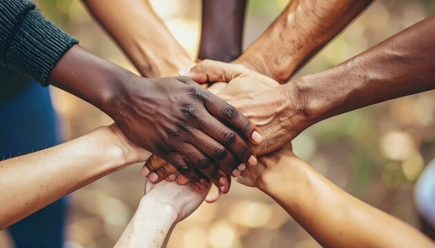 Group of diverse hands stacked in unity outdoors.