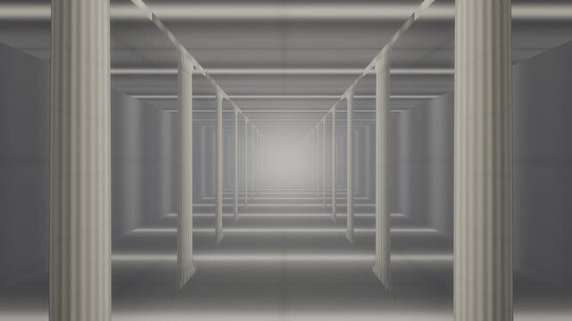 Wide Bay Stone Pillar Gallery Under Skylight Slots, Slow Zoom Out Pull Back Down the Aisle, Seamless Loop in calm ivory tones