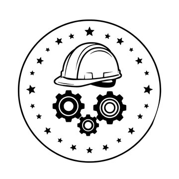 Minimalist circular vector emblem of a construction hard hat and mechanical gears bordered by stars.