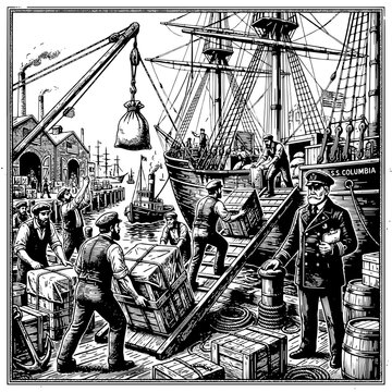 Detailed retro illustration of dockworkers loading cargo onto the S.S. Columbia at a busy harbor with a ship captain.