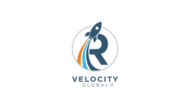 Professional logo design for Velocity Global featuring a rocket launching around the letter R inside a circular badge.