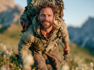 Fototapeta premium Man with backpack hiking through a field of wildflowers in the mountains