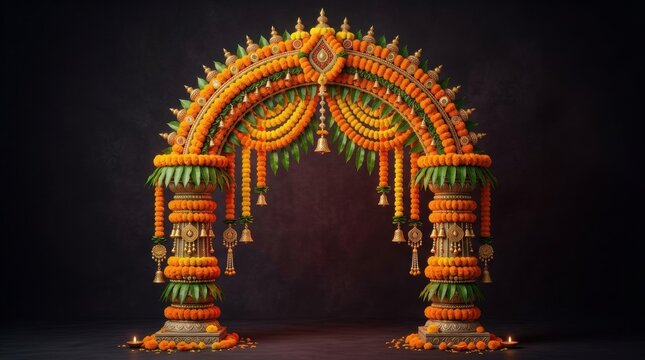 Ornate golden indian wedding gate decorated with marigolds and traditional floral garlands for a celebration