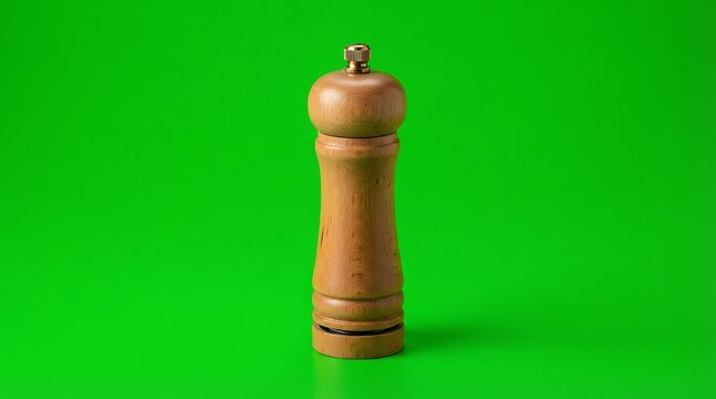 Classic wooden pepper grinder centered against a bright green background