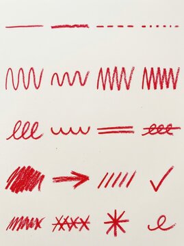 Set of Hand Drawn Red Crayon Strokes, Lines, and Symbols on White Background for Graphic Design and Editing