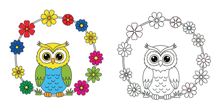 Cute owl inside a floral wreath, vector cartoon illustration set, colorful mascot and black and white coloring page for kids, isolated on white background, spring nature concept