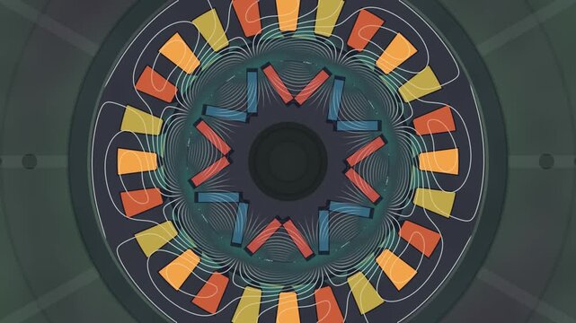 EV Traction Motor Cross Section With Three Phase Rotating Field and Flux Density Contours, Seamless Loop in rich teal tones