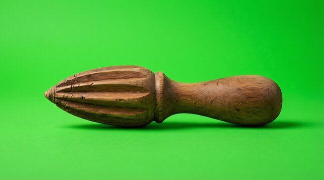 A vintage wooden citrus reamer isolated against a vibrant green background